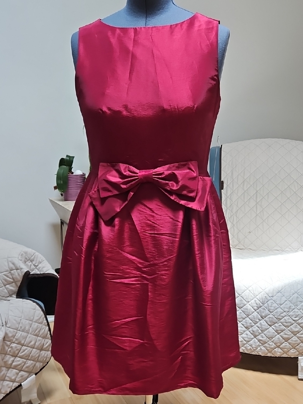 Sleeveless Dress with Satin Bow in Raspberry